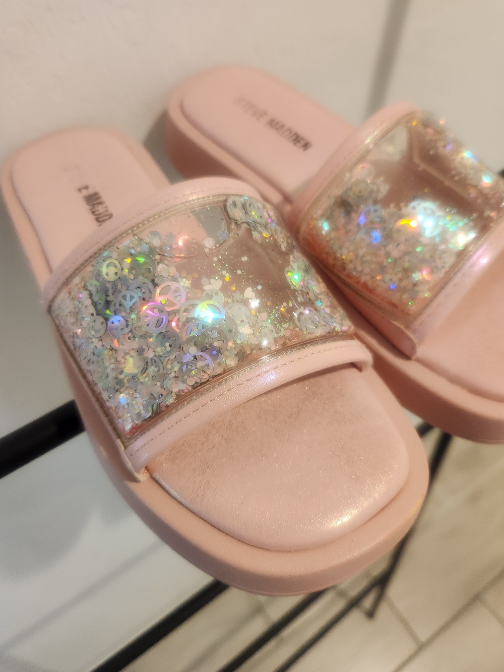 Steve Madden Pink Glitter Slide Sandals with Iridescent Sequins
